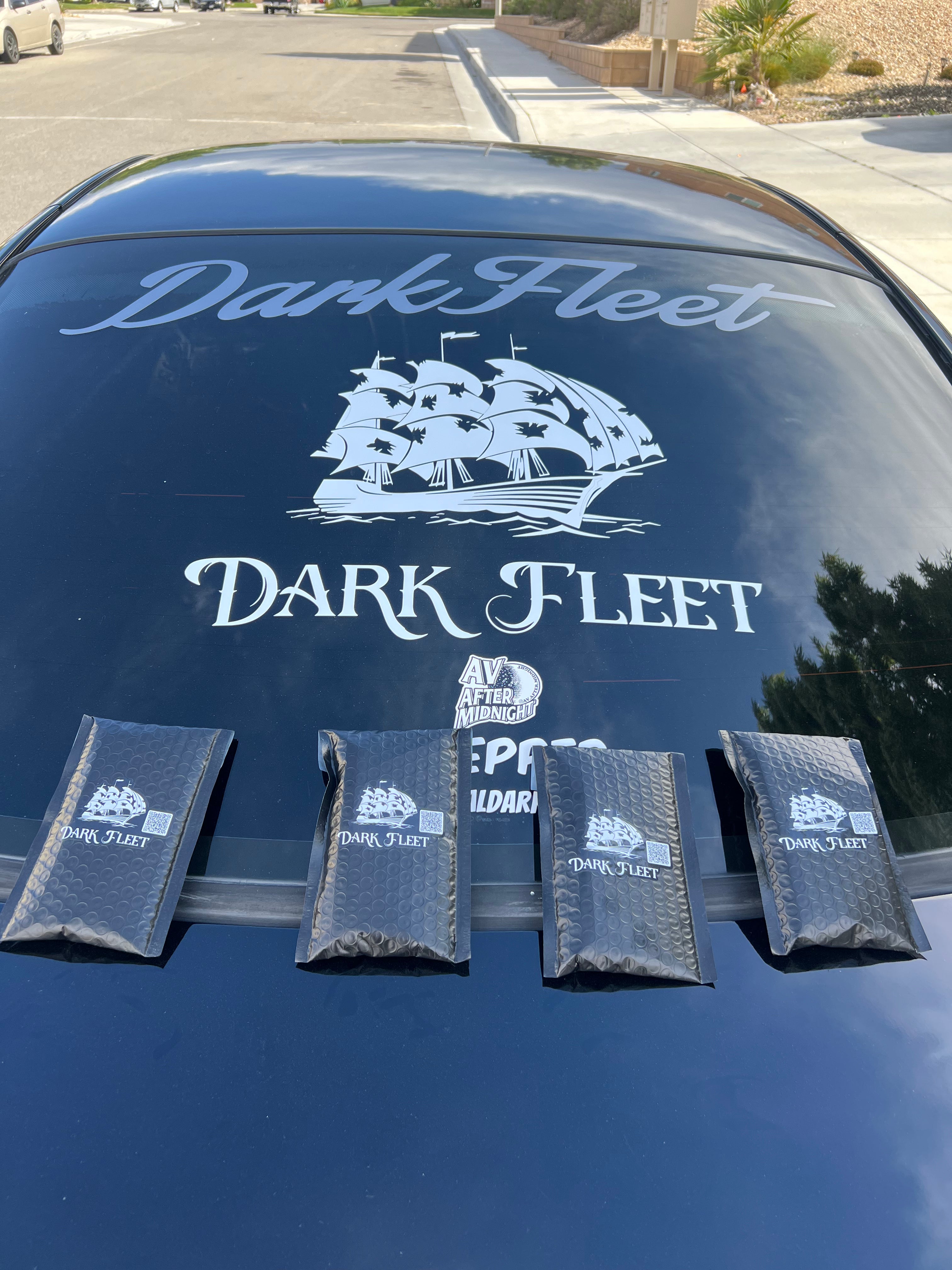 Dark Fleet logo on a Mustang window with four black Darkfleet bundles