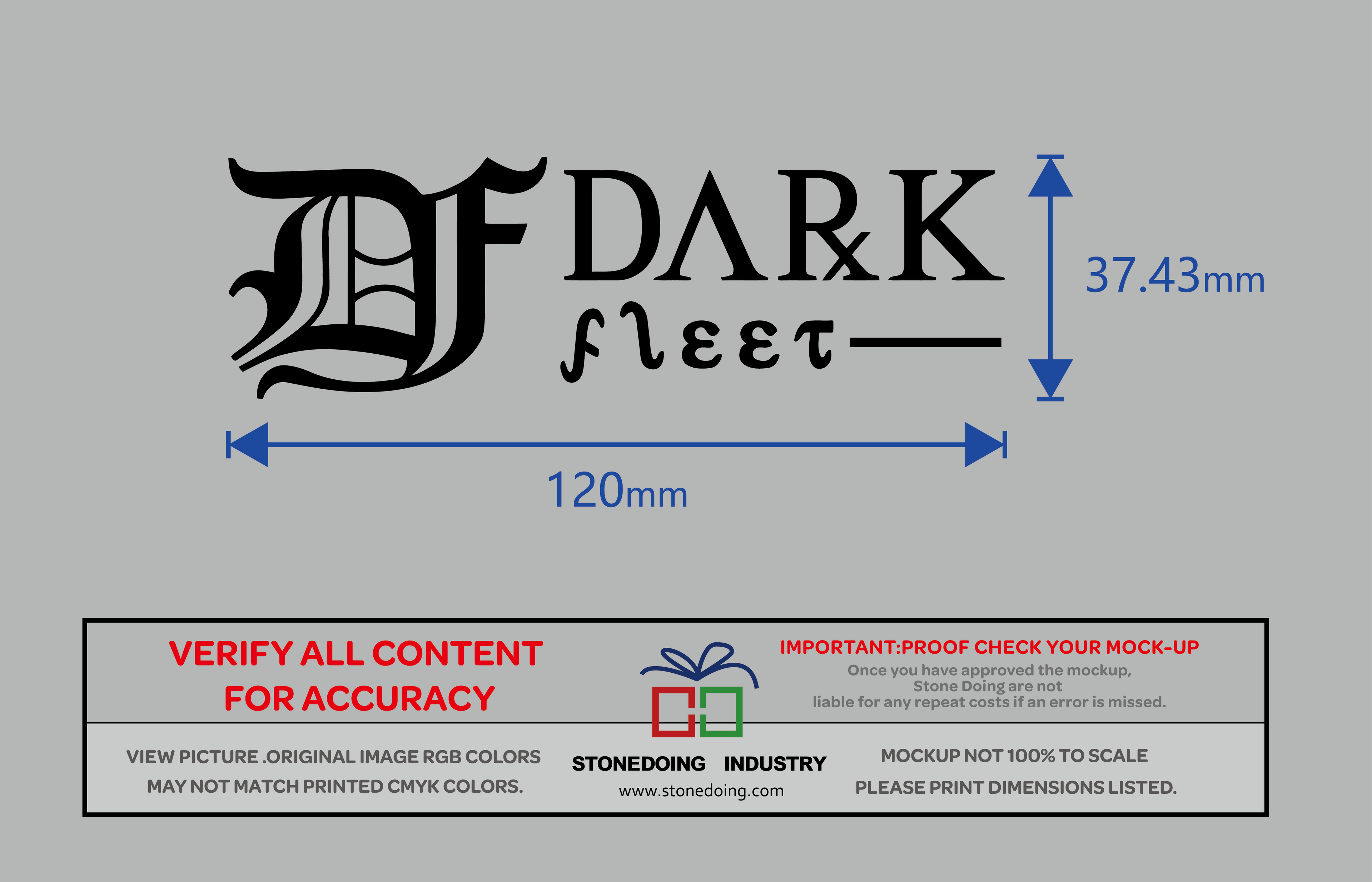Logo and branding guidelines for 'DF Dark Fleet' on a gray background with measurements.