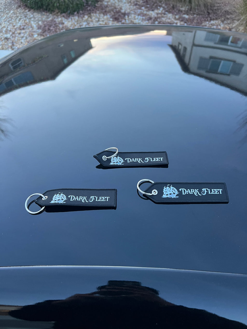 Three 'Dark Fleet' keychains on a car's reflective surface.