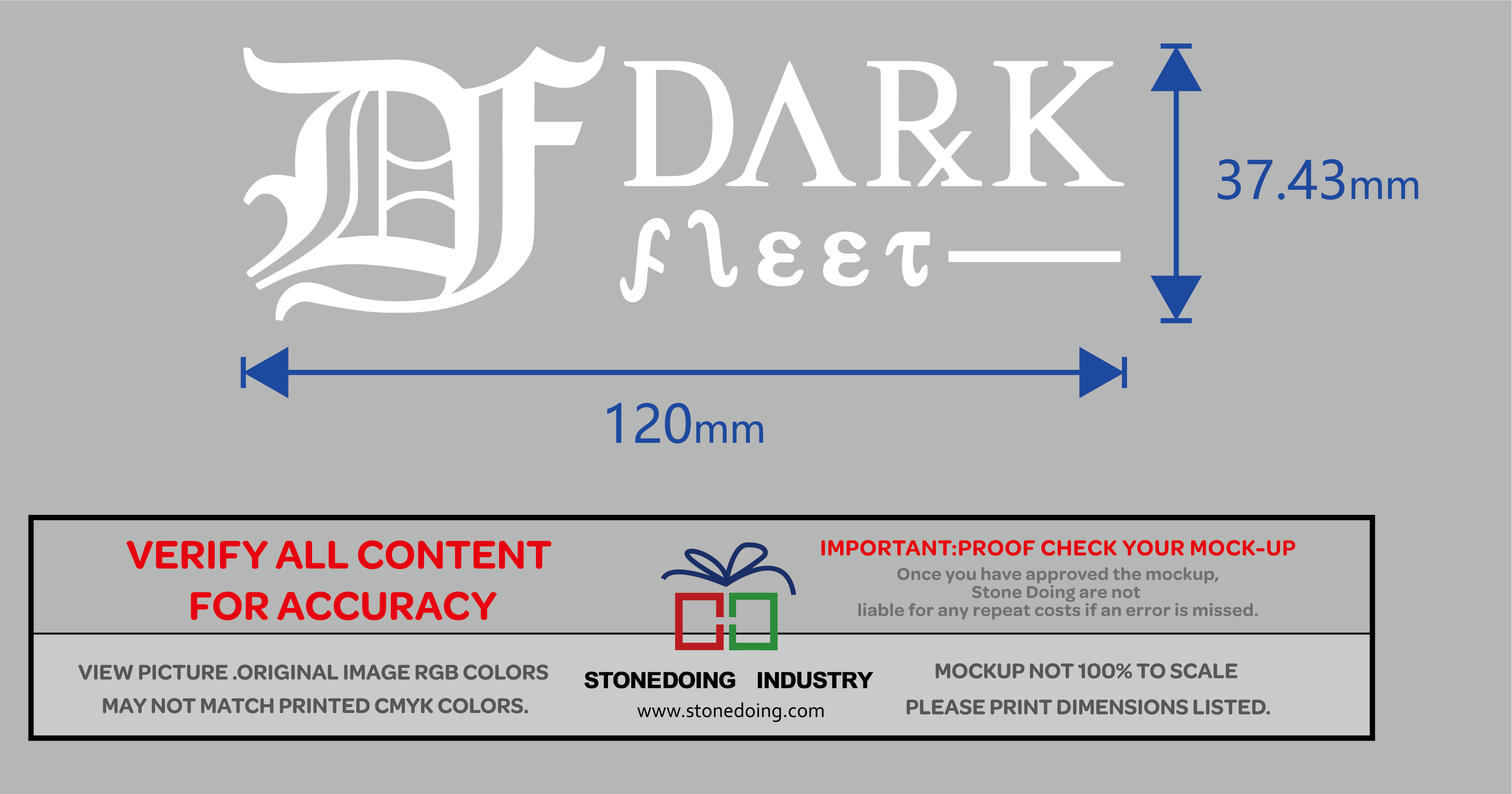 Measurement chart with 'DF Darkfleet branding and dimensions on a gray background